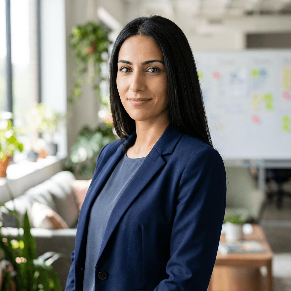 Maya Johnson, digital growth specialist at Ironwood Digital, standing in a modern collaborative workspace