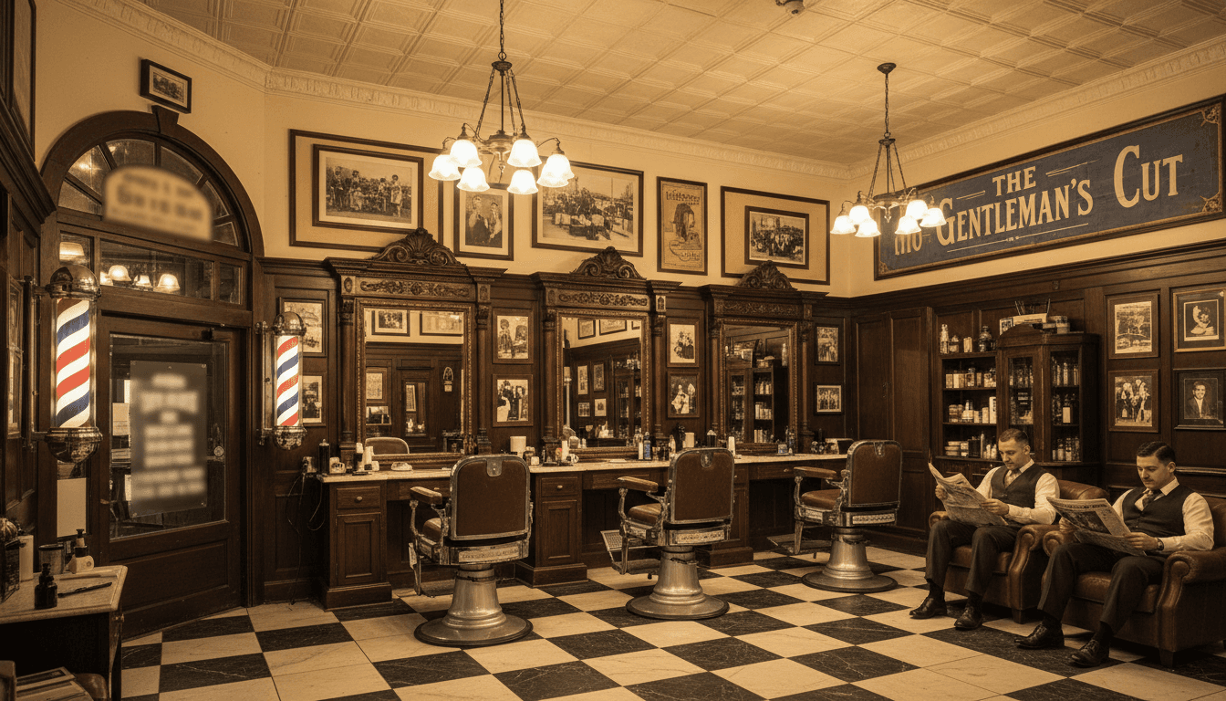 Hair salon interior with vintage barber chairs, neon mirror lights, and neatly lined product bottles
