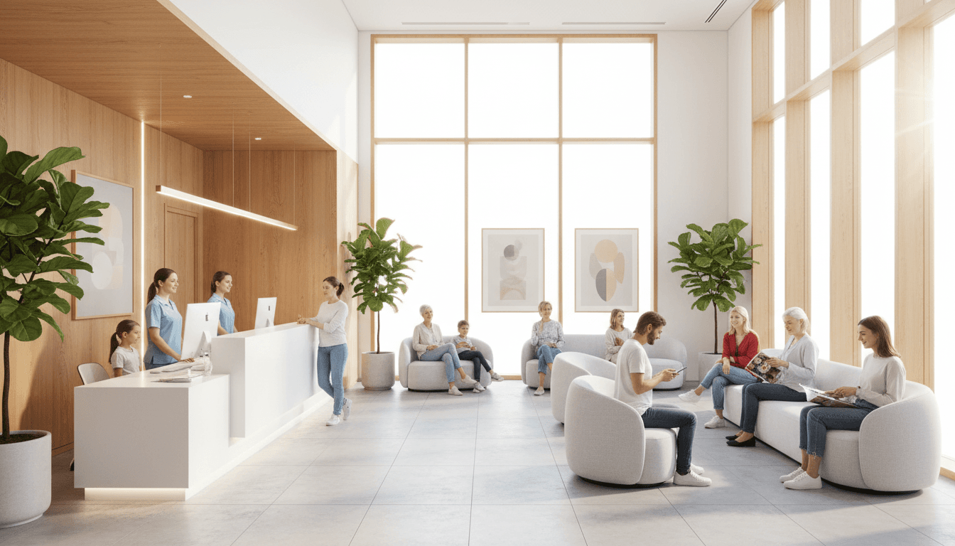 Modern family dental clinic reception with pale oak desk, indoor plants, and a calm waiting lounge