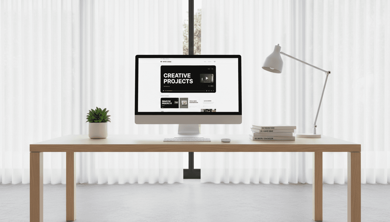 Web designer's workspace with a laptop showing a website layout