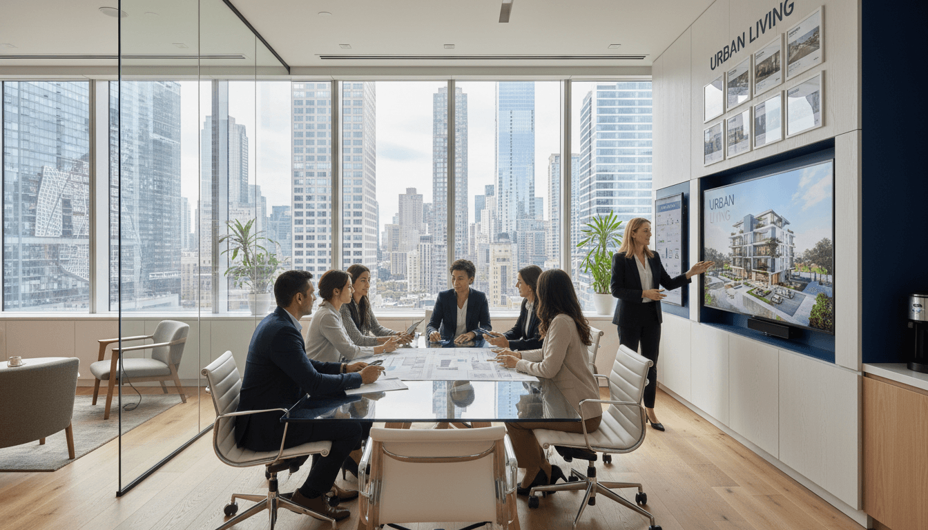 Independent real estate office with listing boards, city maps, and a glass conference table overlooking the street