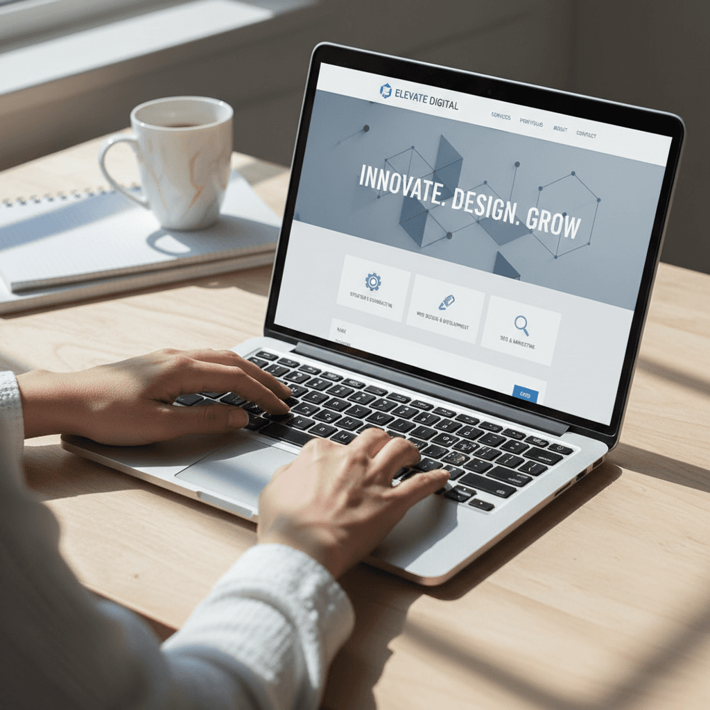 Laptop displaying a modern business website in a bright workspace