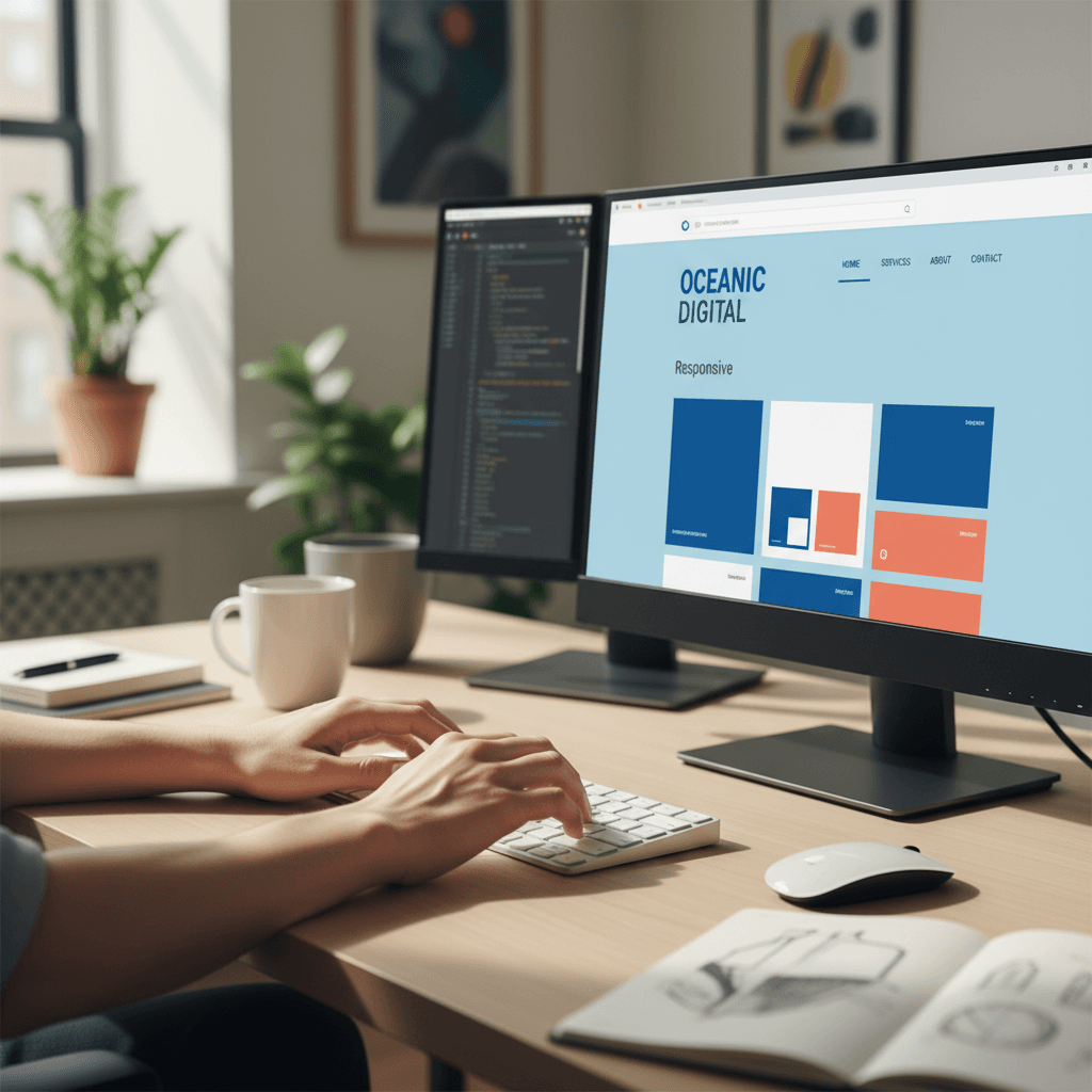 Web designer's hands working on keyboard while monitors display responsive website design layouts in bright studio