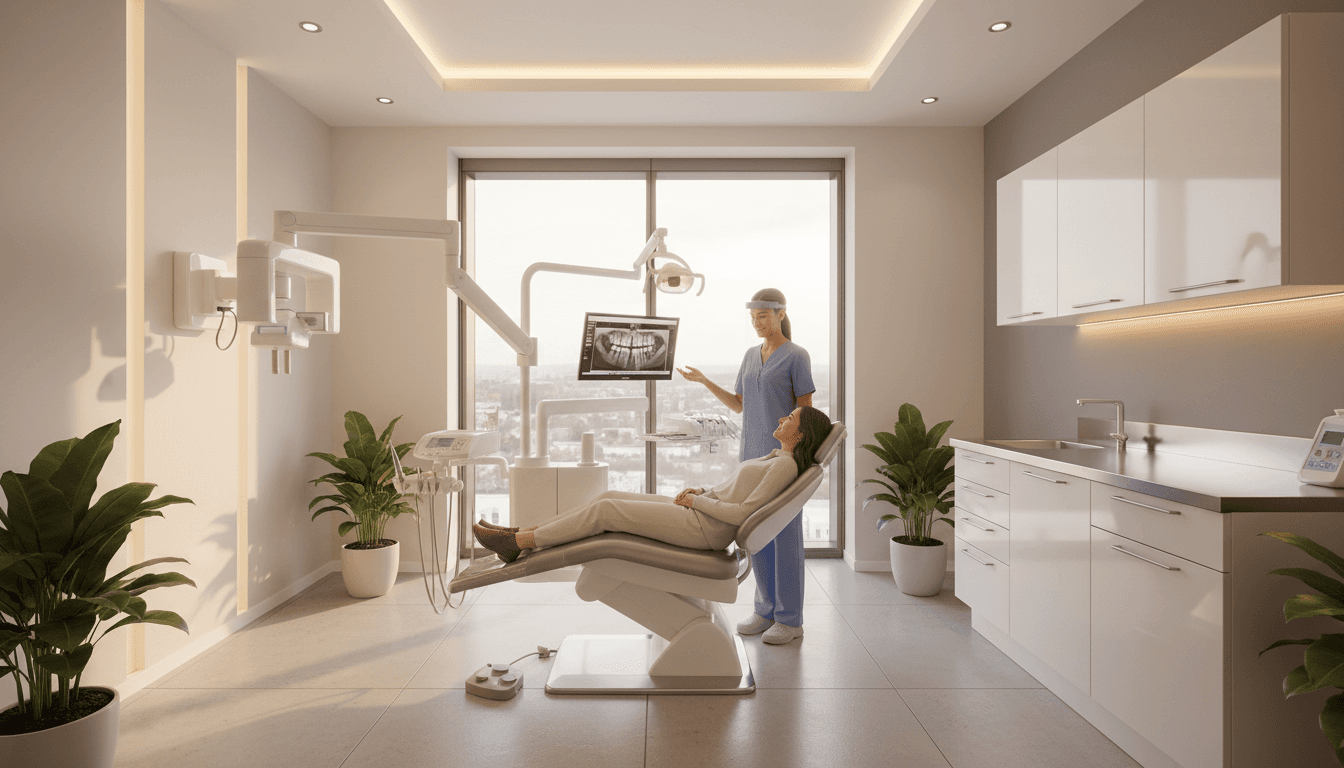 Bright dental treatment room with white cabinetry, teal accents, and a reclining chair by a sunlit window, clean architectural photo