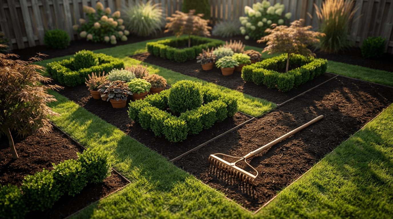 Landscaping yard with stacked stone, potted evergreens, and a pickup truck loaded with mulch at golden hour