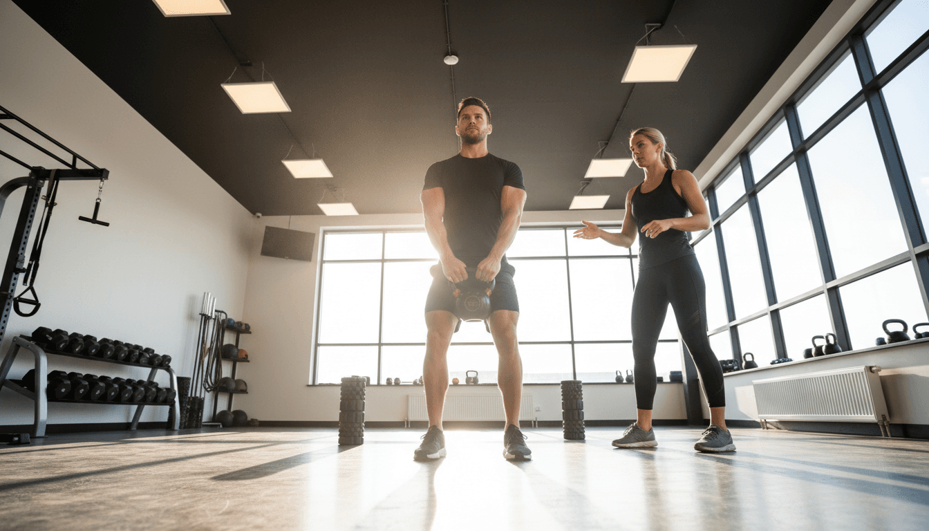 Personal training studio with kettlebells, turf floor, and floor-to-ceiling mirrors under warm overhead lights