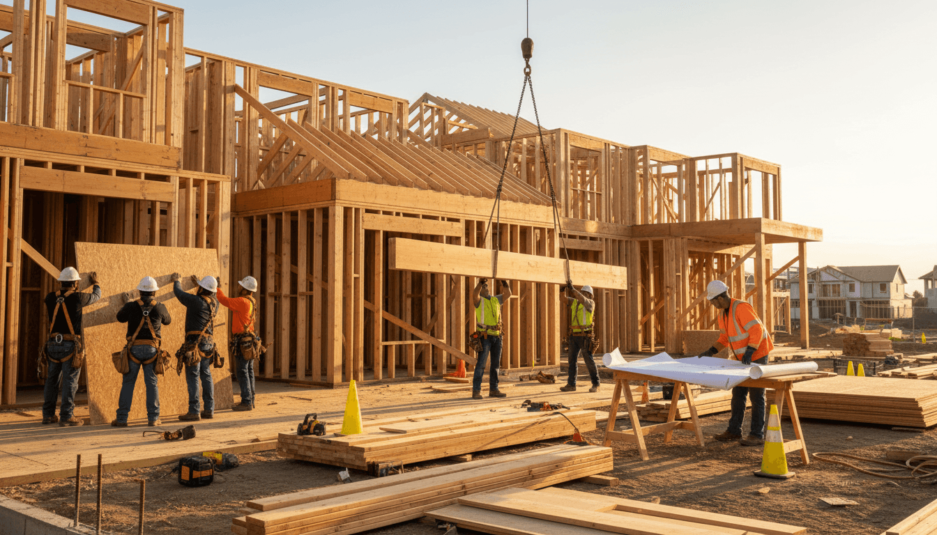 Residential construction site with framed timber, hard hats, and a contractor reviewing plans on a sawhorse