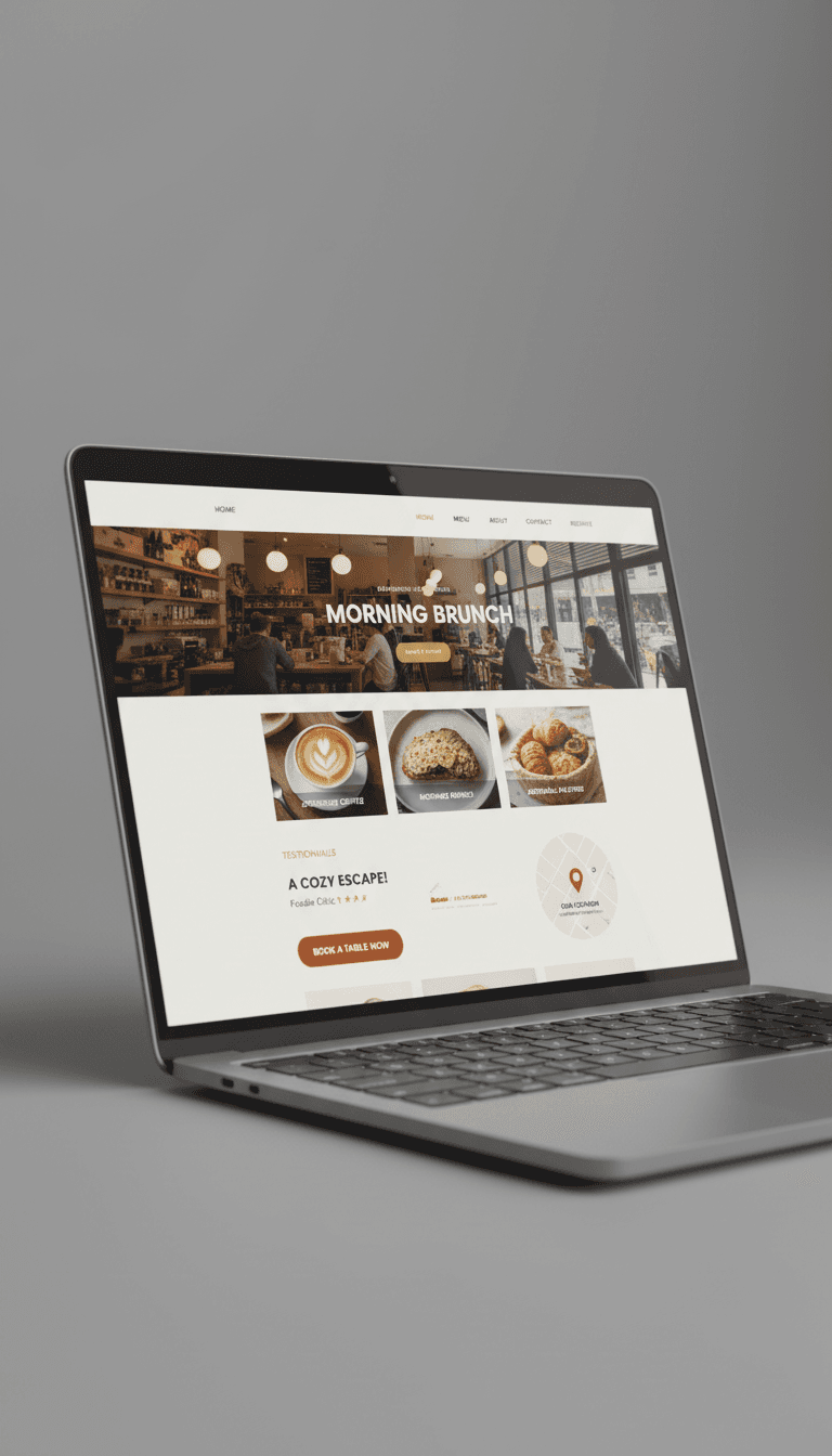 Laptop screen displaying completed café website homepage with menu, imagery, and reservation features