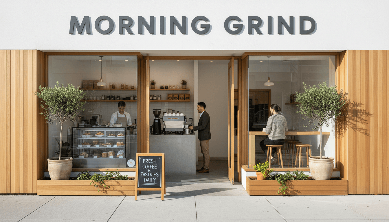 Specialty coffee shop storefront with warm wood counters, brass espresso machine, and chalkboard menu in morning light, editorial photo