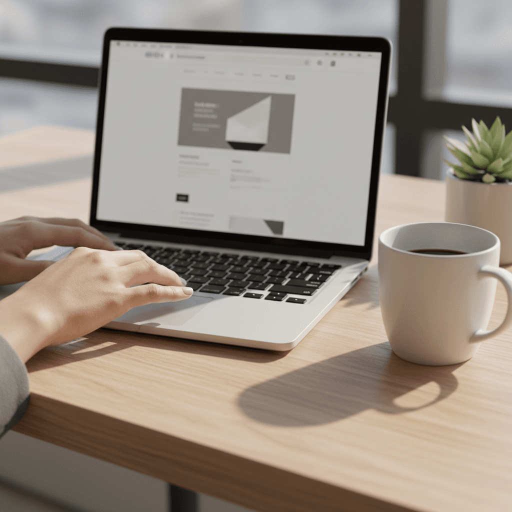 Web designer working on a website layout on a laptop in a bright studio