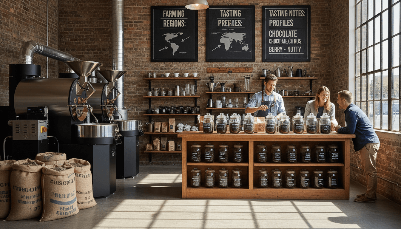 Neighborhood coffee roastery with burlap sacks, copper kettles, and handwritten origin cards on a butcher-block counter