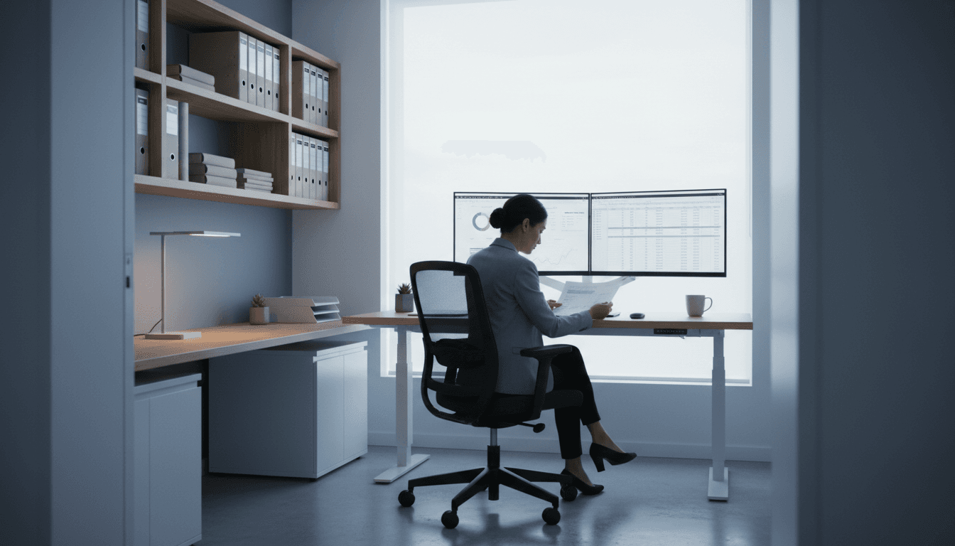 Small accounting office with ledgers, dual monitors, and a brass desk lamp on a walnut desk